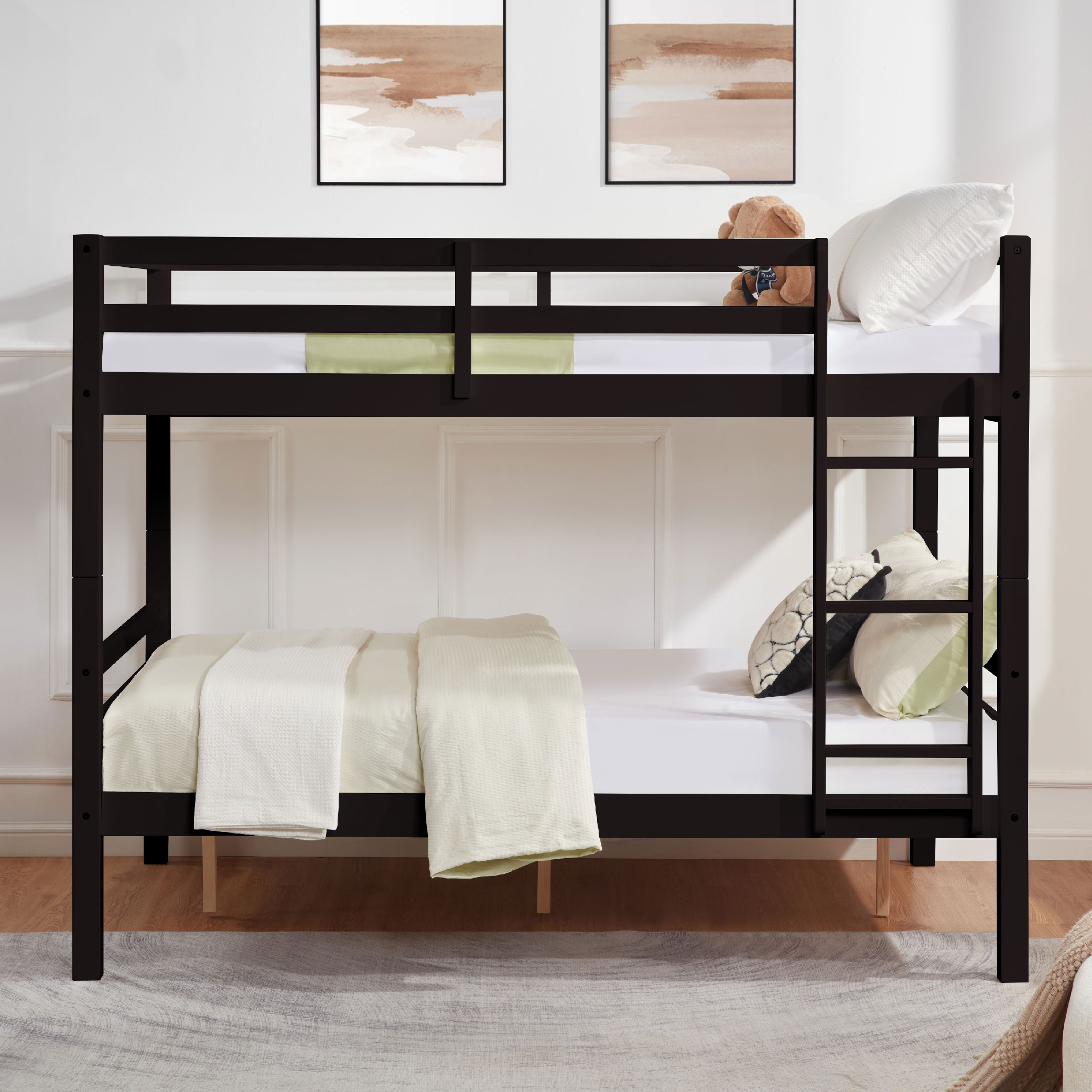 Full over Full Bunk Bed with Thick Posts,Wooden Bunk Bed with High Guardrail and Ladder for Kids, Teens, Dorm Rooms, and Guest Rooms,No Box Spring Needed, Espresso